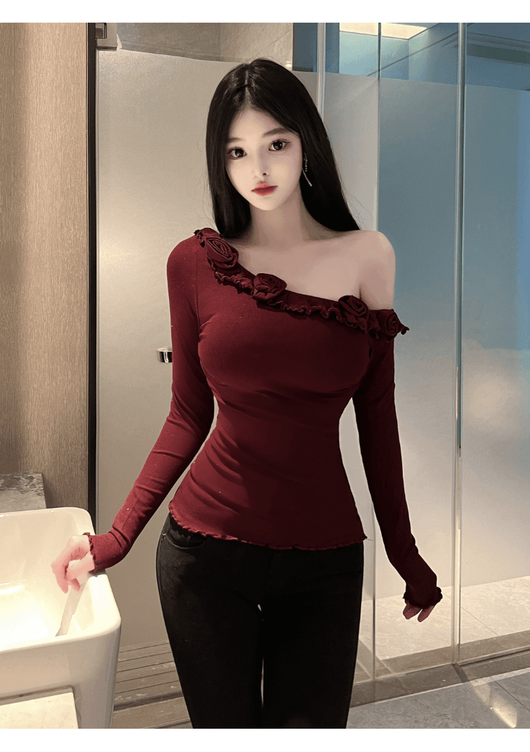 실사 정가 핫걸 프릴 3 차원 꽃 비스듬한 어깨 긴팔 티셔츠 여성 몸매 가꾸기 슬림해 보이는 섹시함 오프숄더 맨위 상세 이미지 28