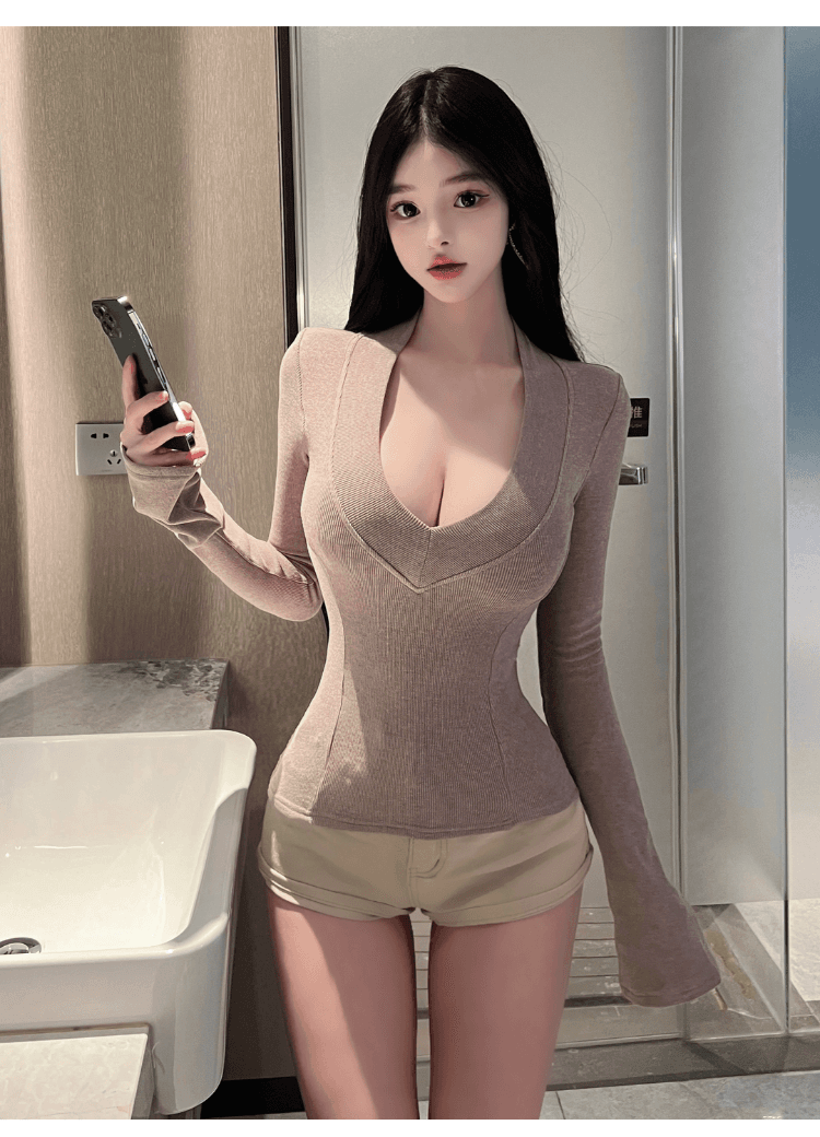 실사 정가 섹시함 깊은 v 연삭 털 기본 셔츠 여성 핫걸 몸매 가꾸기 긴팔 티셔츠 순수한 욕망 인사이드 가져 가라. 심장 기계 맨위 상세 이미지 10
