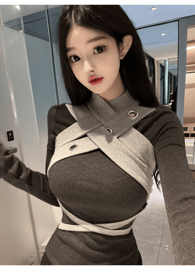 실사 정가 핫걸 순수한 욕망 디자인 센스 패치워크 색상 긴팔 티셔츠 여성 섹시함 달콤함 품격 몸매 가꾸기 만나는 맨위 상세 이미지 9