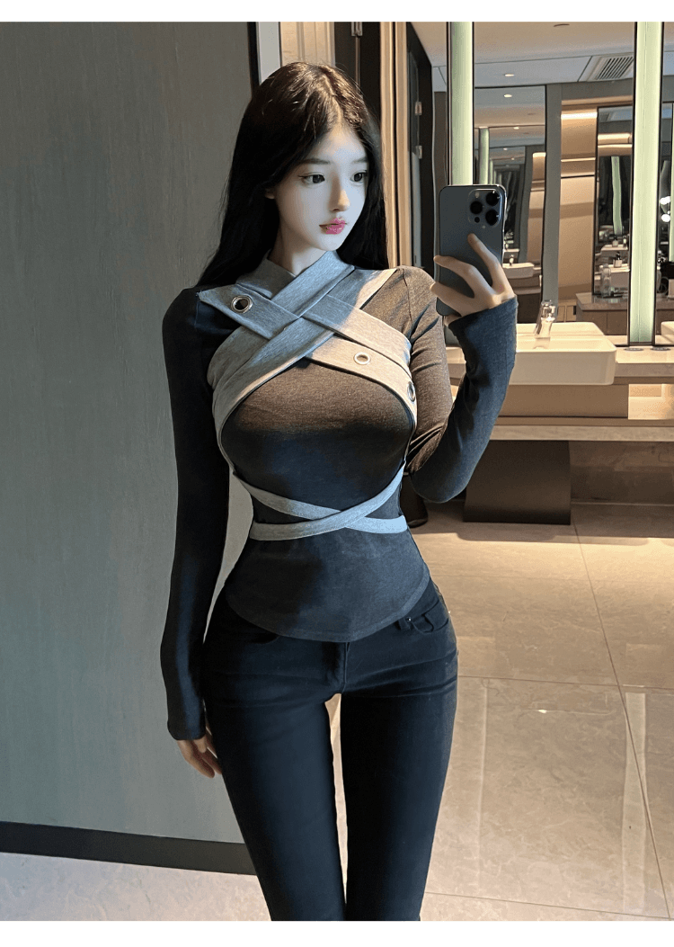 실사 정가 핫걸 순수한 욕망 디자인 센스 패치워크 색상 긴팔 티셔츠 여성 섹시함 달콤함 품격 몸매 가꾸기 만나는 맨위 상세 이미지 10