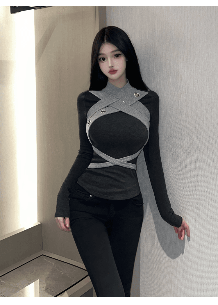 실사 정가 핫걸 순수한 욕망 디자인 센스 패치워크 색상 긴팔 티셔츠 여성 섹시함 달콤함 품격 몸매 가꾸기 만나는 맨위 상세 이미지 11