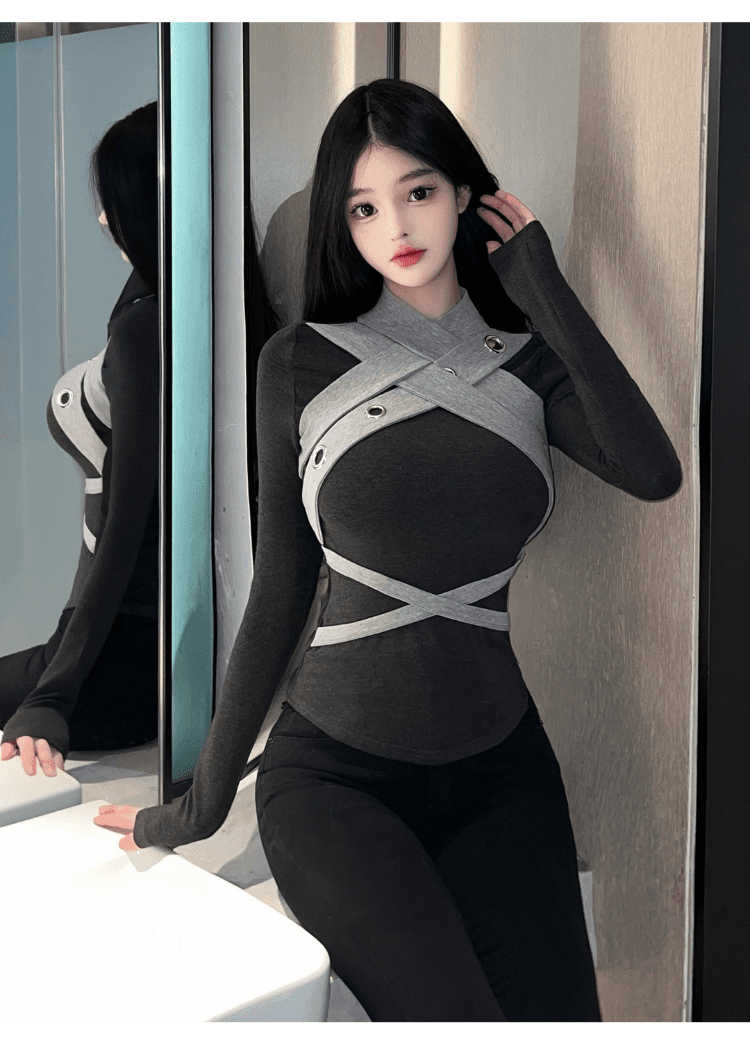 실사 정가 핫걸 순수한 욕망 디자인 센스 패치워크 색상 긴팔 티셔츠 여성 섹시함 달콤함 품격 몸매 가꾸기 만나는 맨위 상세 이미지 12