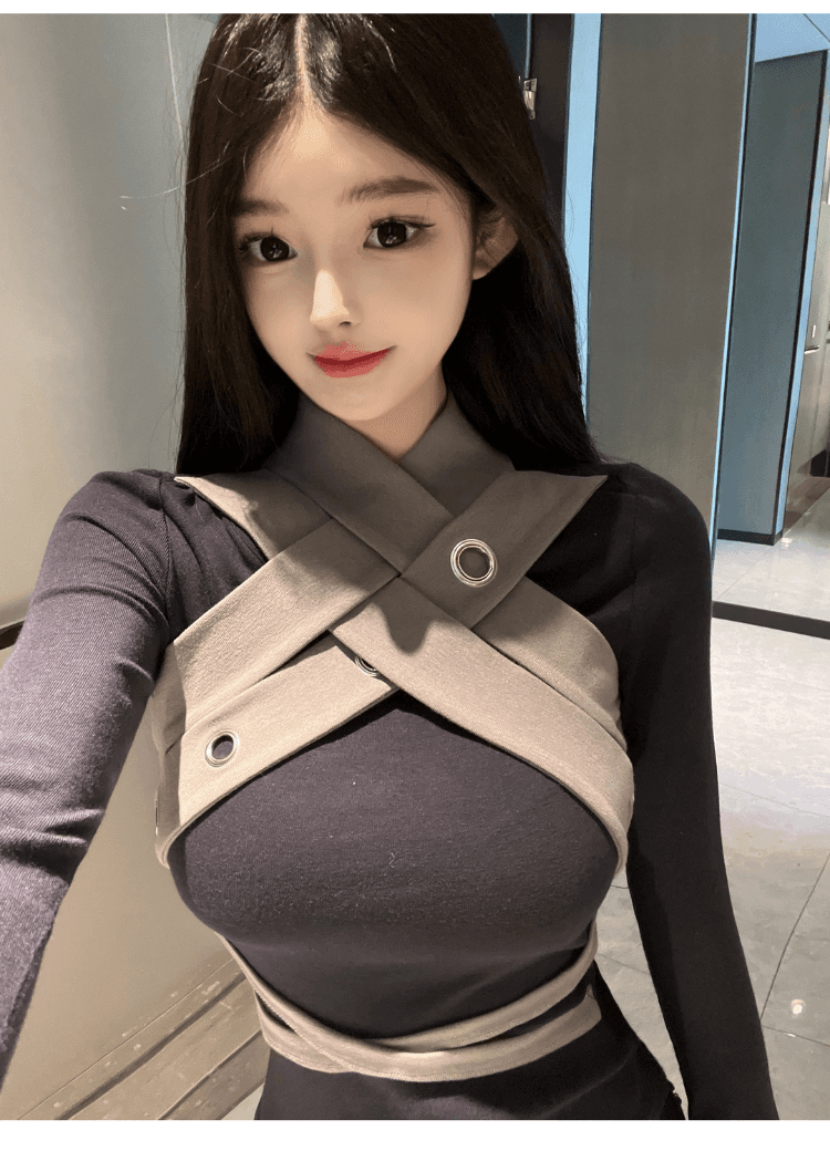 실사 정가 핫걸 순수한 욕망 디자인 센스 패치워크 색상 긴팔 티셔츠 여성 섹시함 달콤함 품격 몸매 가꾸기 만나는 맨위 상세 이미지 15