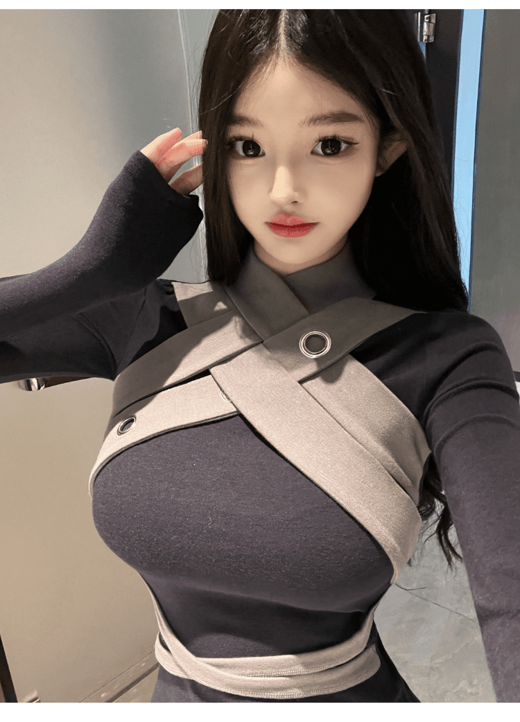 실사 정가 핫걸 순수한 욕망 디자인 센스 패치워크 색상 긴팔 티셔츠 여성 섹시함 달콤함 품격 몸매 가꾸기 만나는 맨위 상세 이미지 16