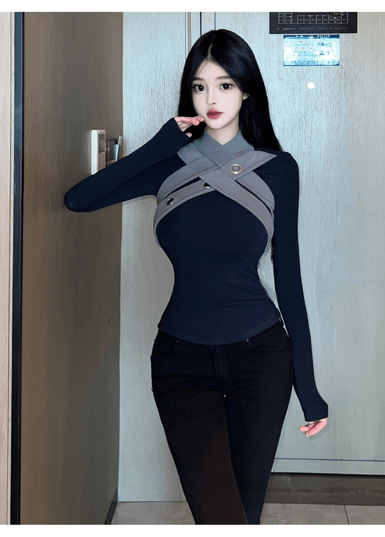 실사 정가 핫걸 순수한 욕망 디자인 센스 패치워크 색상 긴팔 티셔츠 여성 섹시함 달콤함 품격 몸매 가꾸기 만나는 맨위 상세 이미지 20