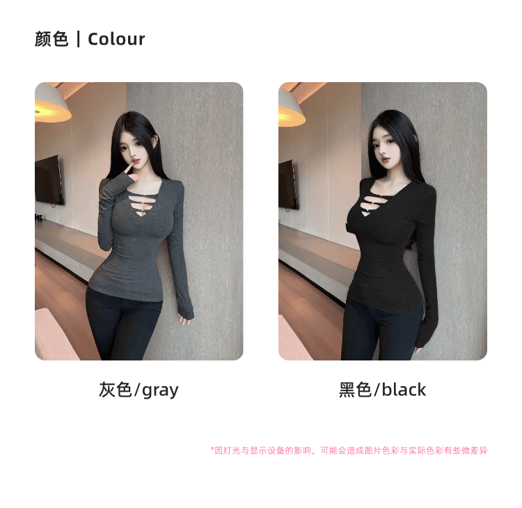 실사 정가 핫걸 순수한 욕망 섹시함 깊은 V 넥 홀로우 아웃 몸매 가꾸기 슬림해 보이는 털이 있는 긴팔 인사이드 가져 가라. 기본 셔츠 맨위 상세 이미지 4