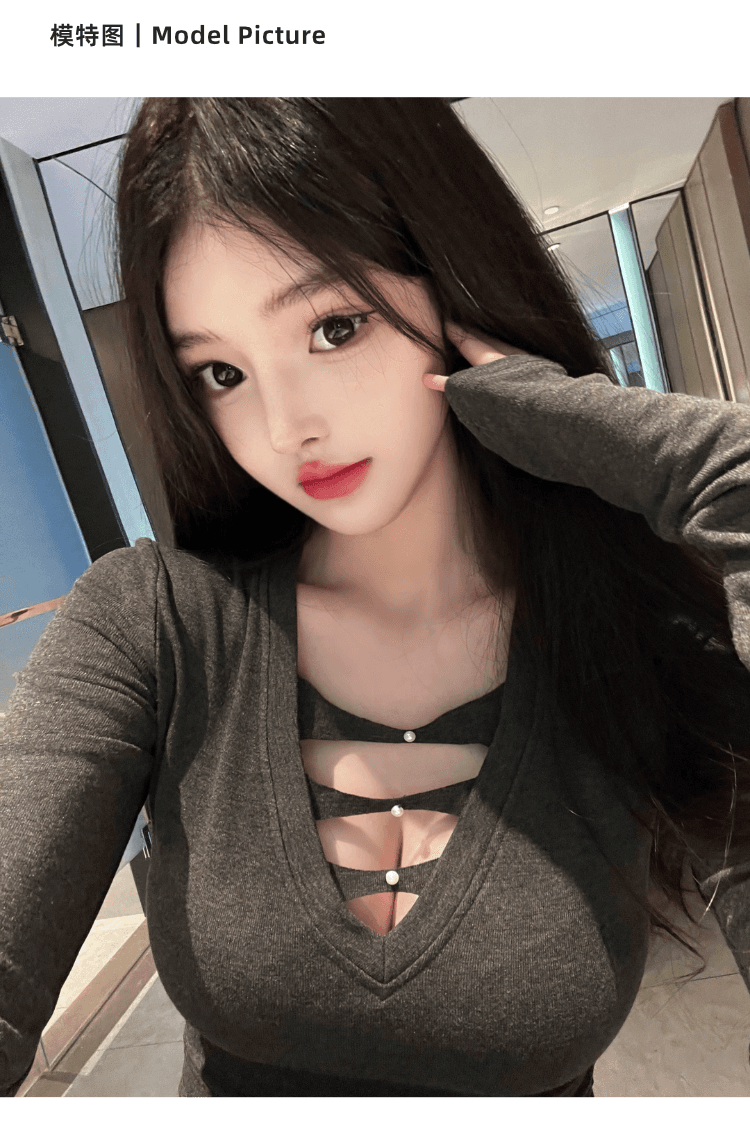 실사 정가 핫걸 순수한 욕망 섹시함 깊은 V 넥 홀로우 아웃 몸매 가꾸기 슬림해 보이는 털이 있는 긴팔 인사이드 가져 가라. 기본 셔츠 맨위 상세 이미지 5