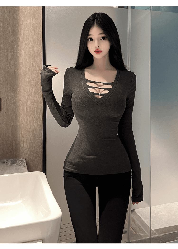 실사 정가 핫걸 순수한 욕망 섹시함 깊은 V 넥 홀로우 아웃 몸매 가꾸기 슬림해 보이는 털이 있는 긴팔 인사이드 가져 가라. 기본 셔츠 맨위 상세 이미지 12