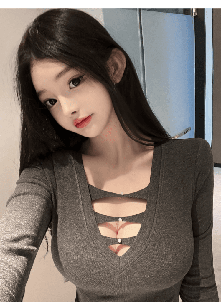 실사 정가 핫걸 순수한 욕망 섹시함 깊은 V 넥 홀로우 아웃 몸매 가꾸기 슬림해 보이는 털이 있는 긴팔 인사이드 가져 가라. 기본 셔츠 맨위 상세 이미지 15