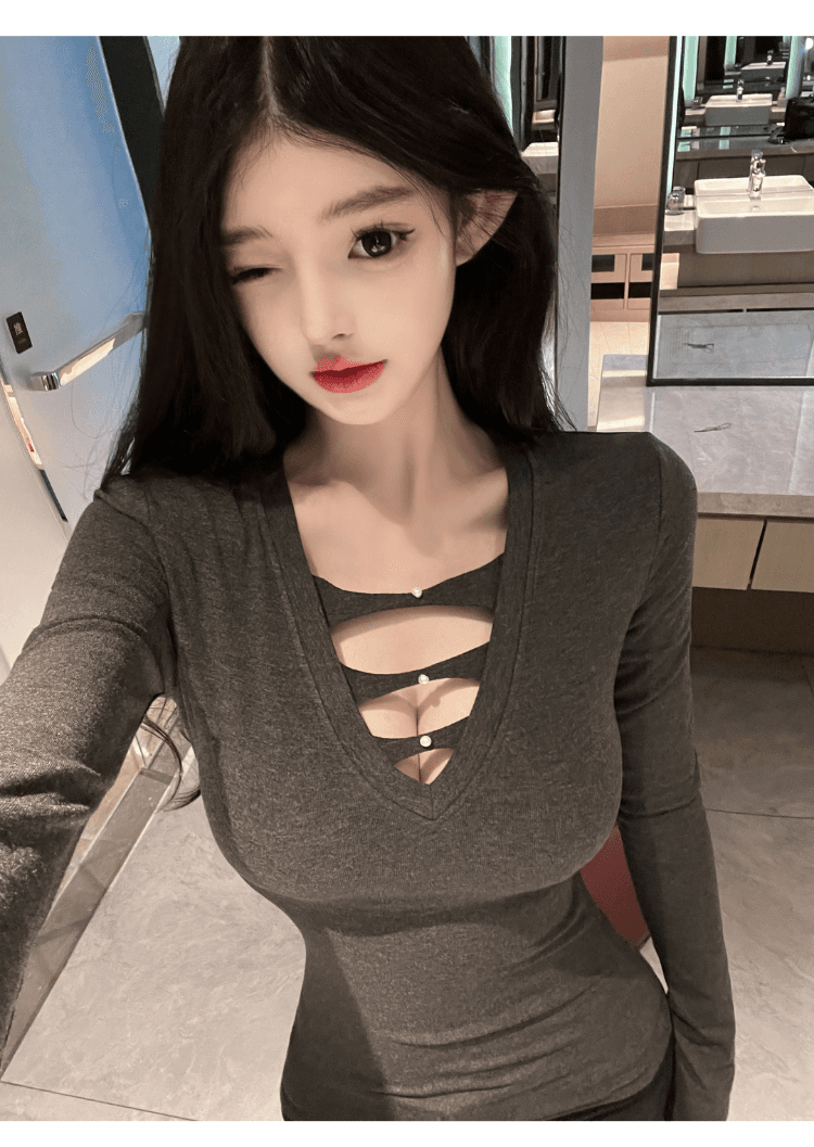 실사 정가 핫걸 순수한 욕망 섹시함 깊은 V 넥 홀로우 아웃 몸매 가꾸기 슬림해 보이는 털이 있는 긴팔 인사이드 가져 가라. 기본 셔츠 맨위 상세 이미지 16