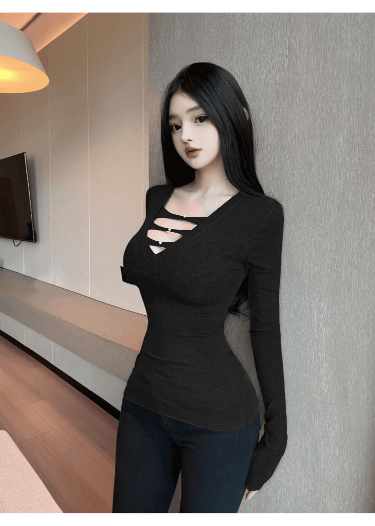 실사 정가 핫걸 순수한 욕망 섹시함 깊은 V 넥 홀로우 아웃 몸매 가꾸기 슬림해 보이는 털이 있는 긴팔 인사이드 가져 가라. 기본 셔츠 맨위 상세 이미지 18