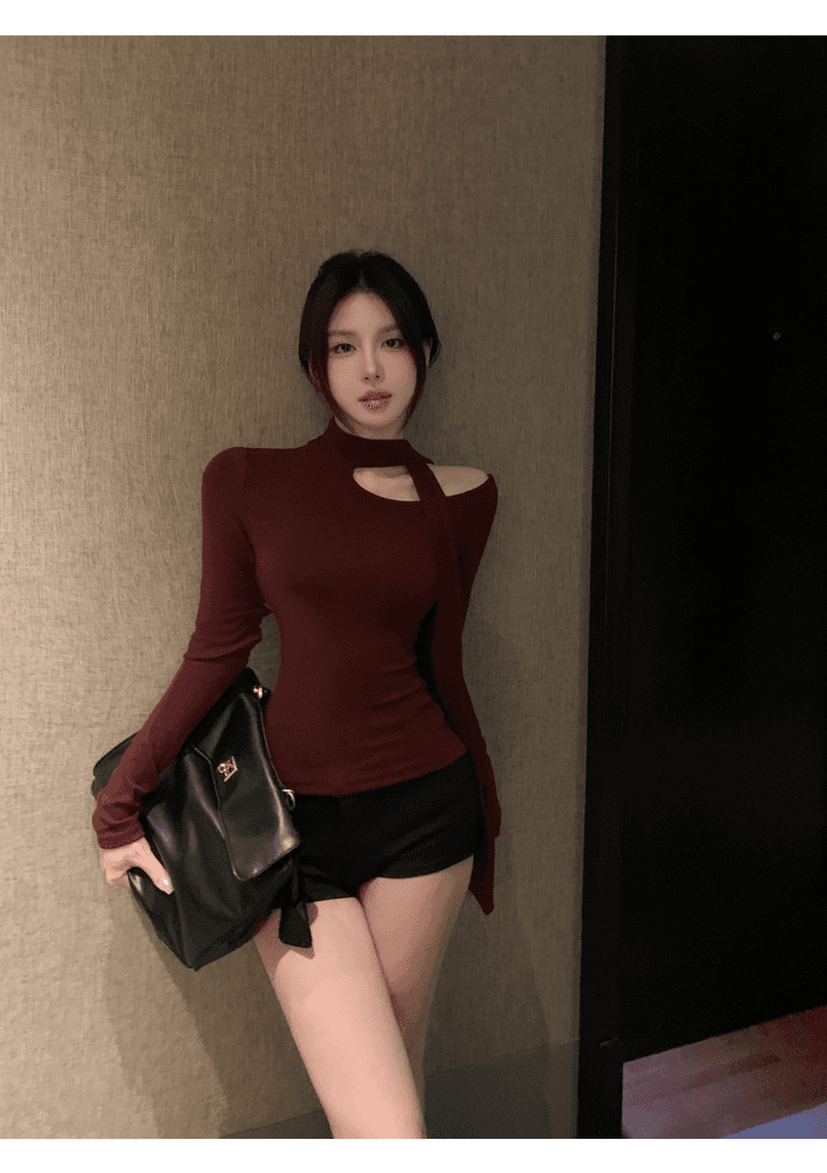 실사 정가 순수한 욕망 섹시함 행침 목 긴팔 티셔츠 맨위 여성 핫걸 고급 센스 디스플레이 몸 인사이드 가져 가라. 기본 셔츠 상세 이미지 6