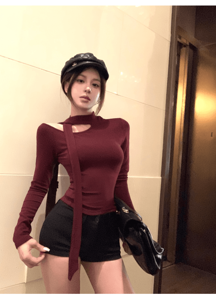 실사 정가 순수한 욕망 섹시함 행침 목 긴팔 티셔츠 맨위 여성 핫걸 고급 센스 디스플레이 몸 인사이드 가져 가라. 기본 셔츠 상세 이미지 7