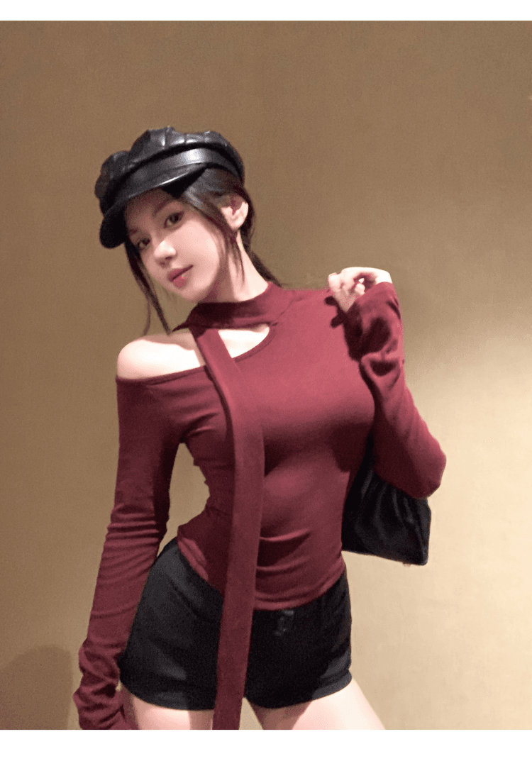 실사 정가 순수한 욕망 섹시함 행침 목 긴팔 티셔츠 맨위 여성 핫걸 고급 센스 디스플레이 몸 인사이드 가져 가라. 기본 셔츠 상세 이미지 12