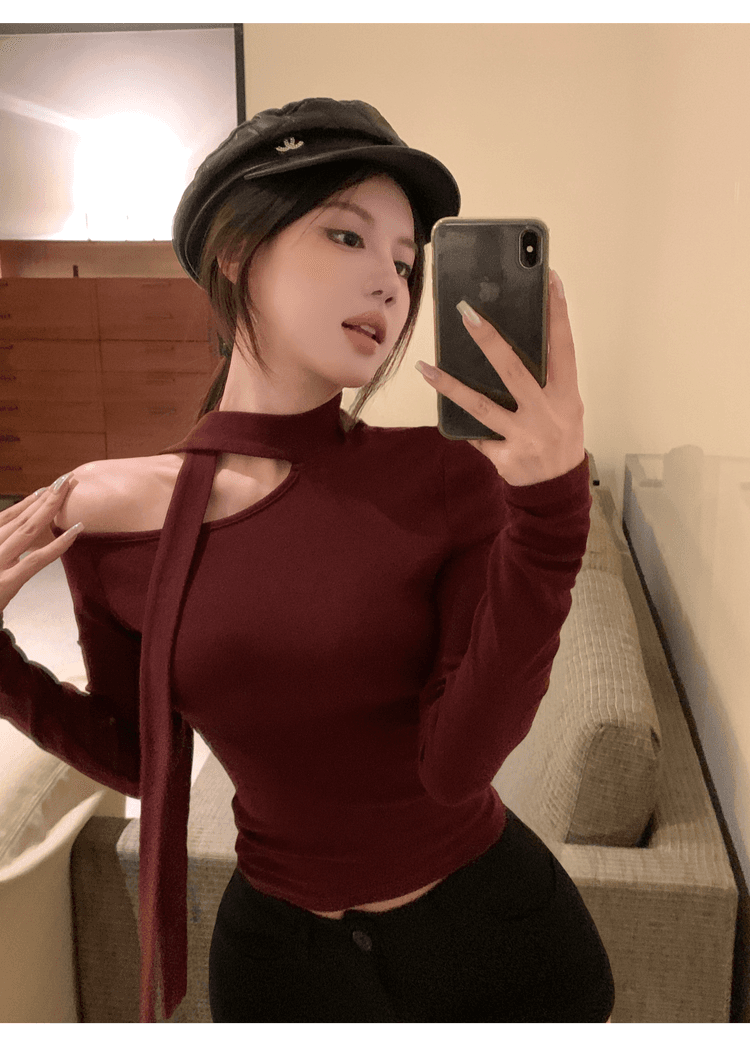 실사 정가 순수한 욕망 섹시함 행침 목 긴팔 티셔츠 맨위 여성 핫걸 고급 센스 디스플레이 몸 인사이드 가져 가라. 기본 셔츠 상세 이미지 15