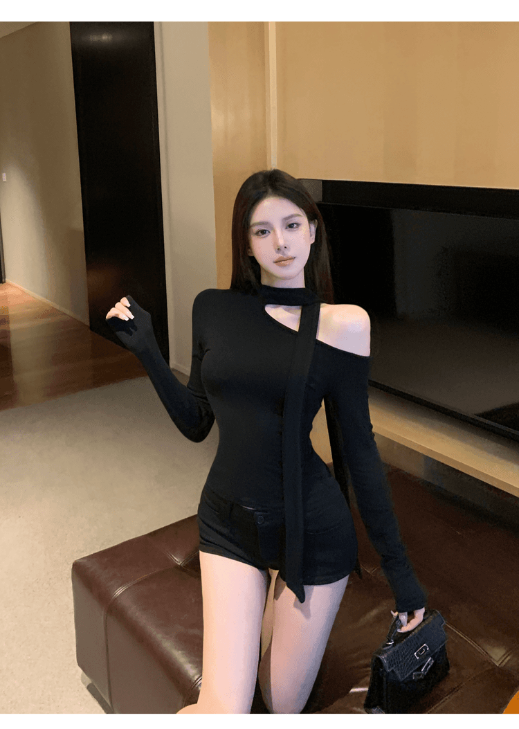 실사 정가 순수한 욕망 섹시함 행침 목 긴팔 티셔츠 맨위 여성 핫걸 고급 센스 디스플레이 몸 인사이드 가져 가라. 기본 셔츠 상세 이미지 23
