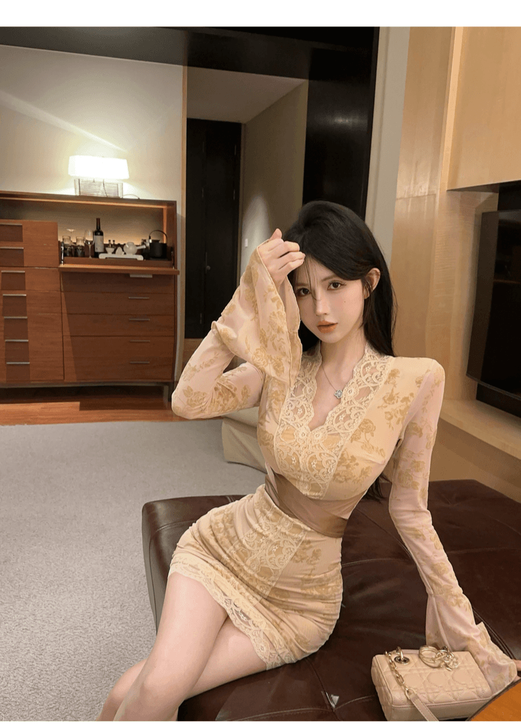 실사 정가 순수한 욕망 섹시함 나팔 소매 V넥 레이스 여성 드레스 핫걸 품격 허리 수축 슬림해 보이는 타이트 스커트 상세 이미지 4