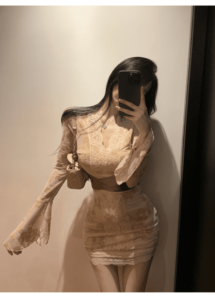 실사 정가 순수한 욕망 섹시함 나팔 소매 V넥 레이스 여성 드레스 핫걸 품격 허리 수축 슬림해 보이는 타이트 스커트 상세 이미지 10