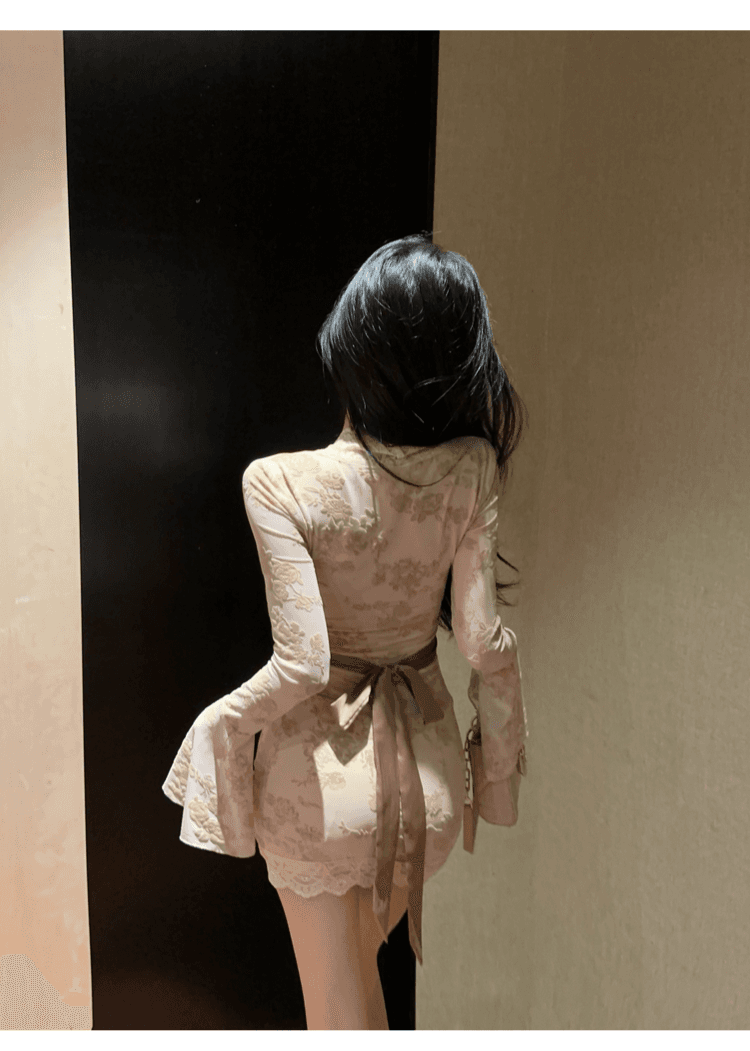 실사 정가 순수한 욕망 섹시함 나팔 소매 V넥 레이스 여성 드레스 핫걸 품격 허리 수축 슬림해 보이는 타이트 스커트 상세 이미지 12