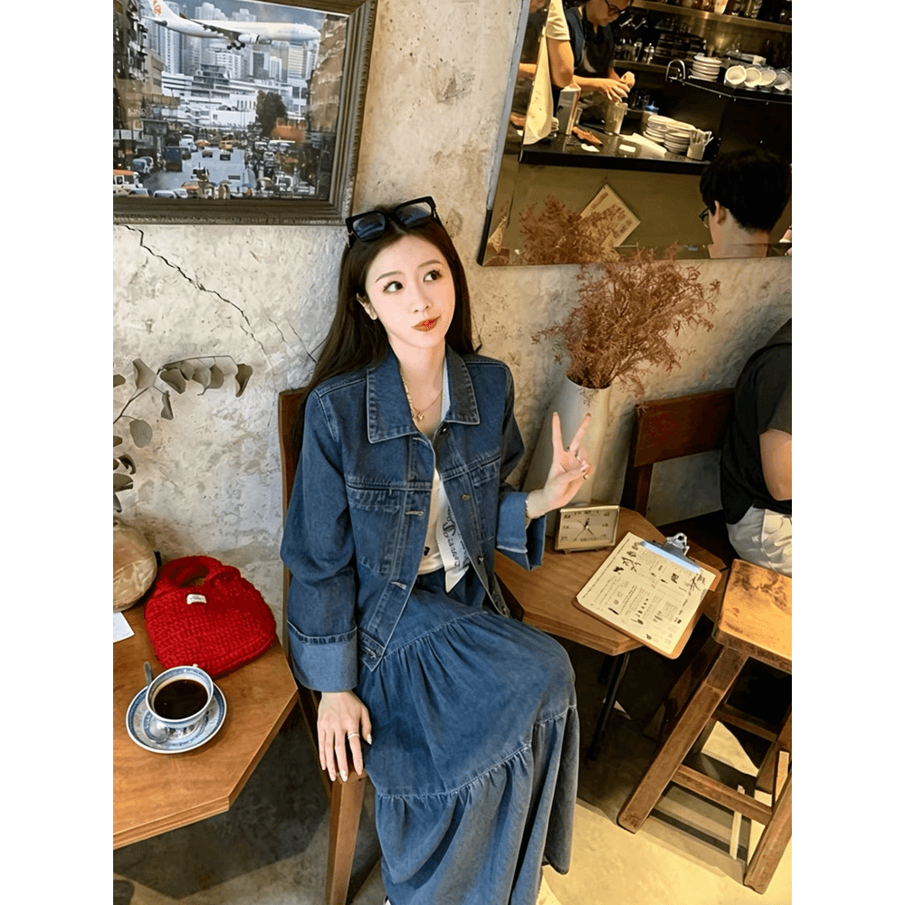 무료 간략한 레트로 데님 세트 여성 디자인 센스 루즈핏 재킷 재킷 하이웨이스트 케이크 반신 스커트 투피스 세트 이미지 5
