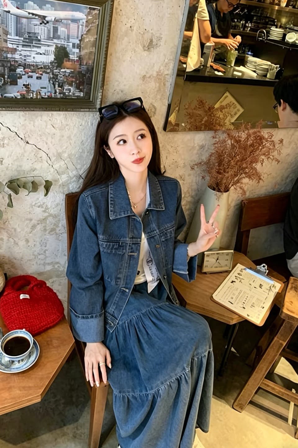 무료 간략한 레트로 데님 세트 여성 디자인 센스 루즈핏 재킷 재킷 하이웨이스트 케이크 반신 스커트 투피스 세트 이미지 6