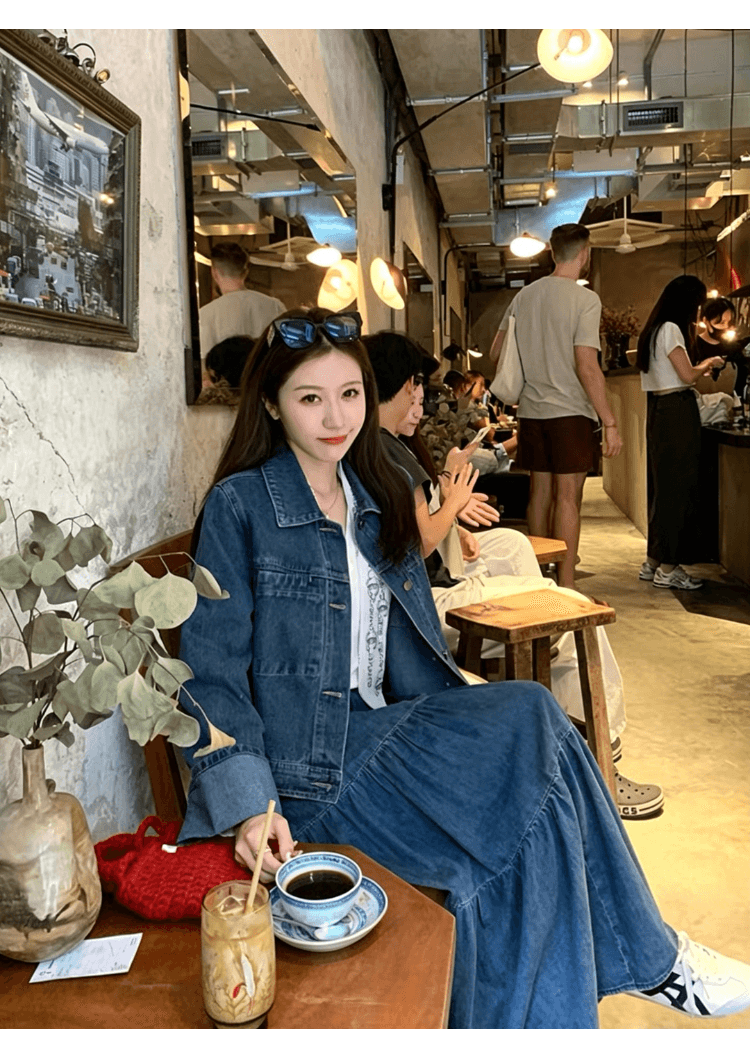 무료 간략한 레트로 데님 세트 여성 디자인 센스 루즈핏 재킷 재킷 하이웨이스트 케이크 반신 스커트 투피스 세트 상세 이미지 6