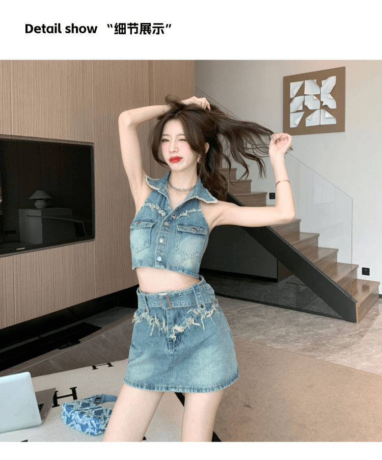 실사 정가 달콤한 차가운 핫걸 데님 세트 여성 섹시함 행침 목 조끼 하이웨이스트 반신 미니 스커트 튀김 거리 투피스 세트 상세 이미지 3
