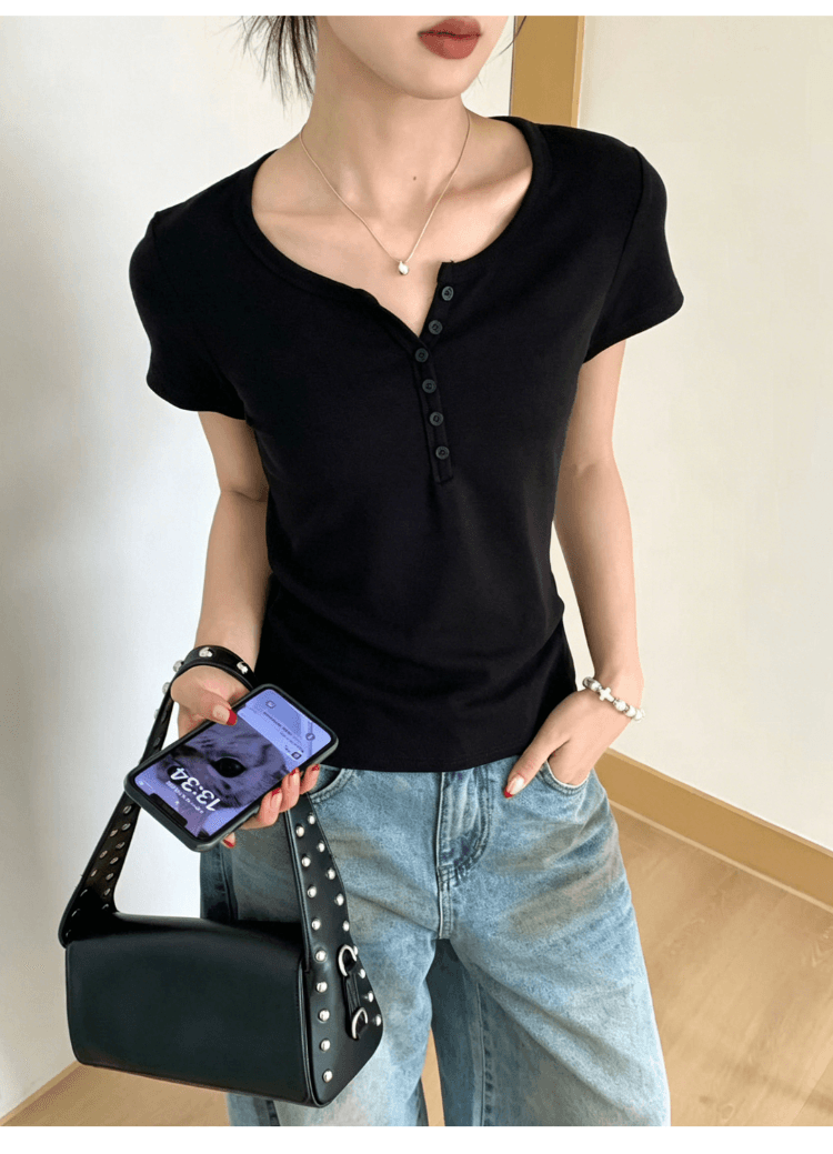 고유 한 잘 생긴 미니멀리즘 헨리 칼라 반팔 티셔츠 여성 긍정적 인 어깨 슬림해 보이는 몸매 가꾸기 다용도 만나는 출퇴근 맨위 상세 이미지 4