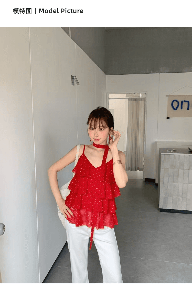 프랑스식 꽃무늬 프릴 케이크 층 캐미솔 여행 휴가 바람 섹시함 슬림해 보이는 아름다운 쉬폰 톱 상세 이미지 4