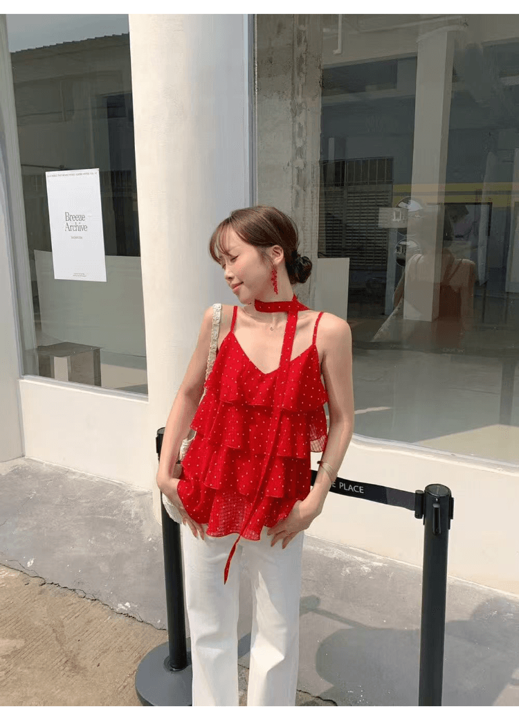 프랑스식 꽃무늬 프릴 케이크 층 캐미솔 여행 휴가 바람 섹시함 슬림해 보이는 아름다운 쉬폰 톱 상세 이미지 5