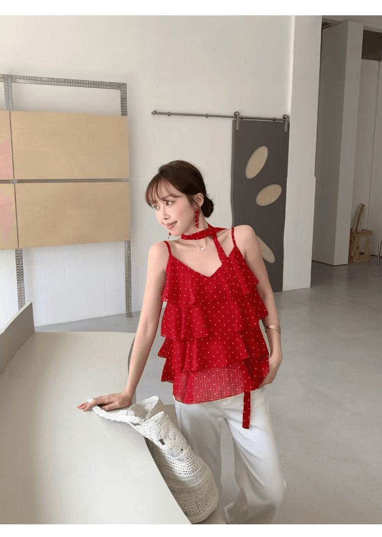프랑스식 꽃무늬 프릴 케이크 층 캐미솔 여행 휴가 바람 섹시함 슬림해 보이는 아름다운 쉬폰 톱 상세 이미지 6