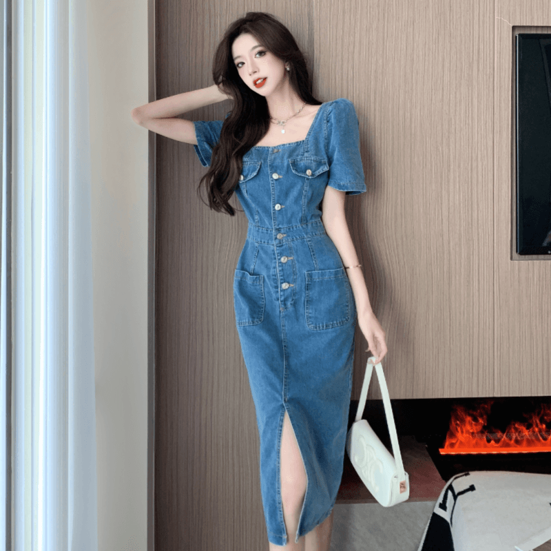 실사 정가 휴가 프랑스식 복잡한 고대 칼라 데님 여성 드레스 섹시함 백리스 몸매 가꾸기 품격 타이트 스커트 롱 스커트 이미지 2