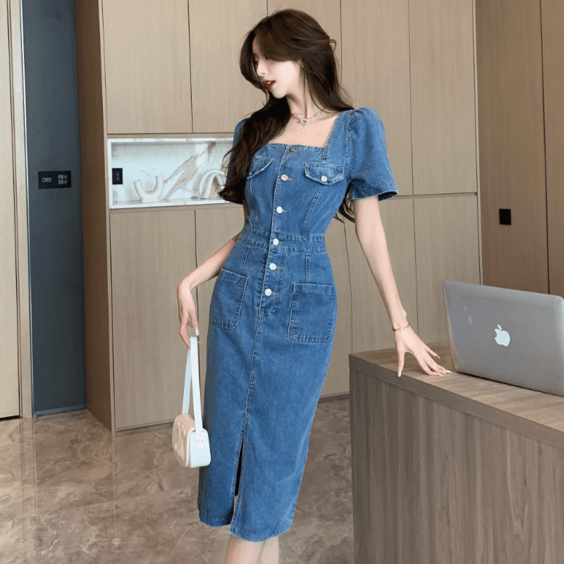 실사 정가 휴가 프랑스식 복잡한 고대 칼라 데님 여성 드레스 섹시함 백리스 몸매 가꾸기 품격 타이트 스커트 롱 스커트 이미지 4