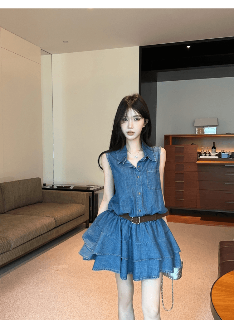 실사 정가 핫걸 레트로 데님 셔츠 여성 드레스 디자인 센스 허리 수축 슬림해 보이는 품격 다용도 케이크 드레스 상세 이미지 7
