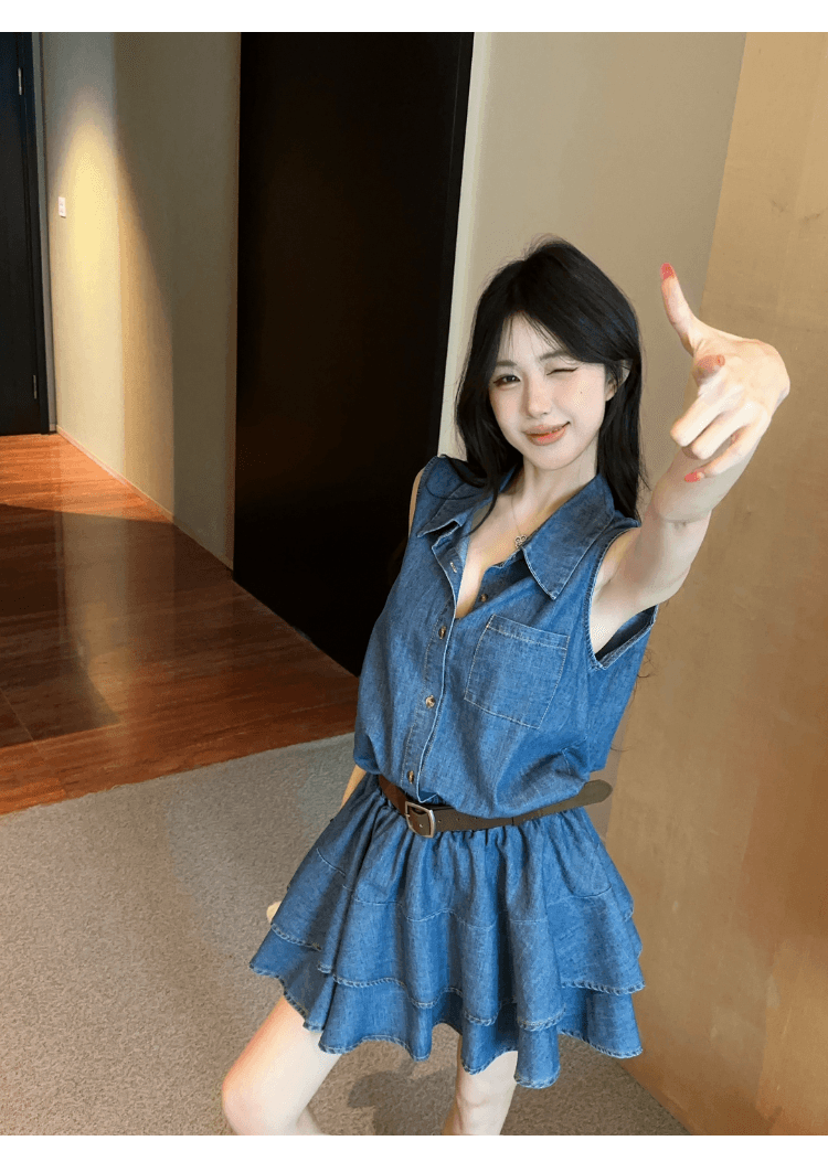 실사 정가 핫걸 레트로 데님 셔츠 여성 드레스 디자인 센스 허리 수축 슬림해 보이는 품격 다용도 케이크 드레스 상세 이미지 11