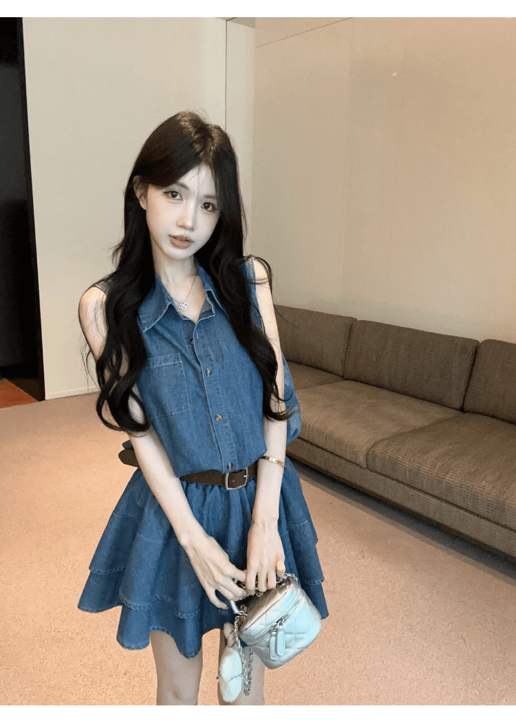 실사 정가 핫걸 레트로 데님 셔츠 여성 드레스 디자인 센스 허리 수축 슬림해 보이는 품격 다용도 케이크 드레스 상세 이미지 13