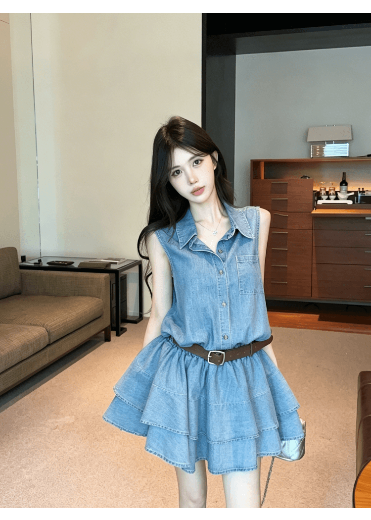 실사 정가 핫걸 레트로 데님 셔츠 여성 드레스 디자인 센스 허리 수축 슬림해 보이는 품격 다용도 케이크 드레스 상세 이미지 18