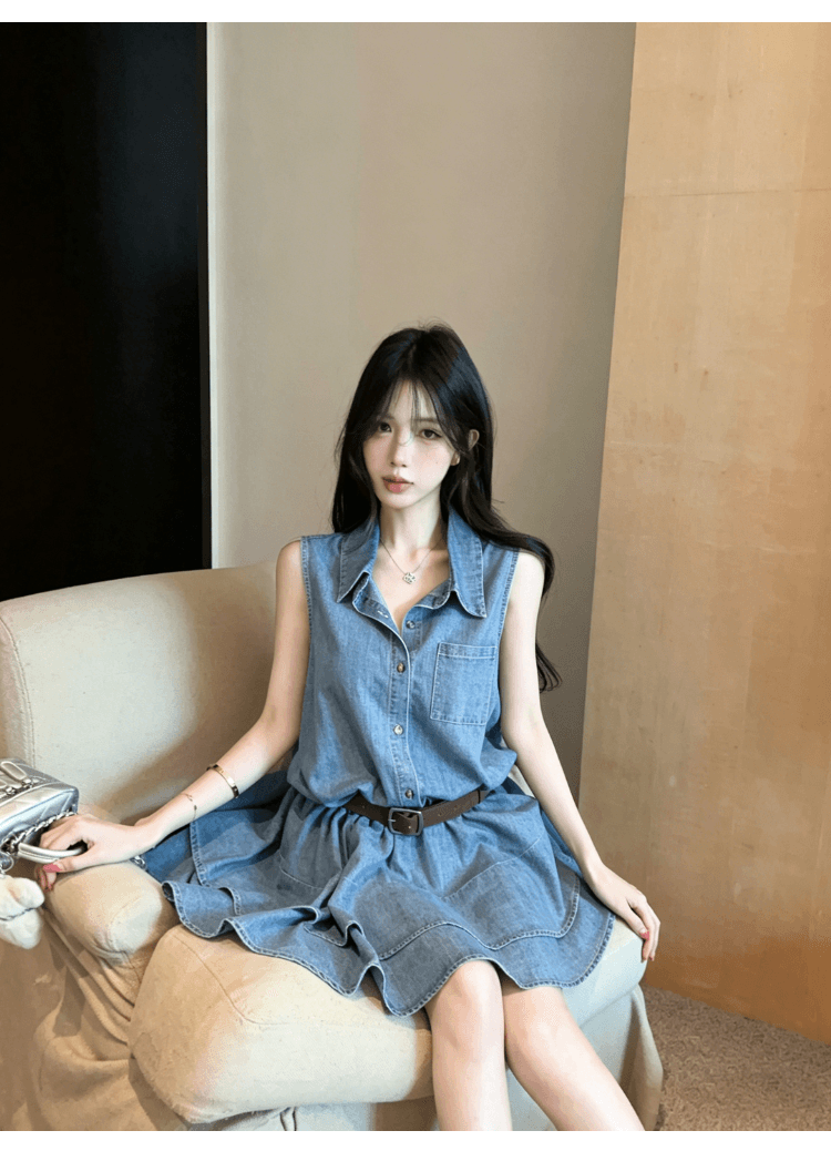 실사 정가 핫걸 레트로 데님 셔츠 여성 드레스 디자인 센스 허리 수축 슬림해 보이는 품격 다용도 케이크 드레스 상세 이미지 20