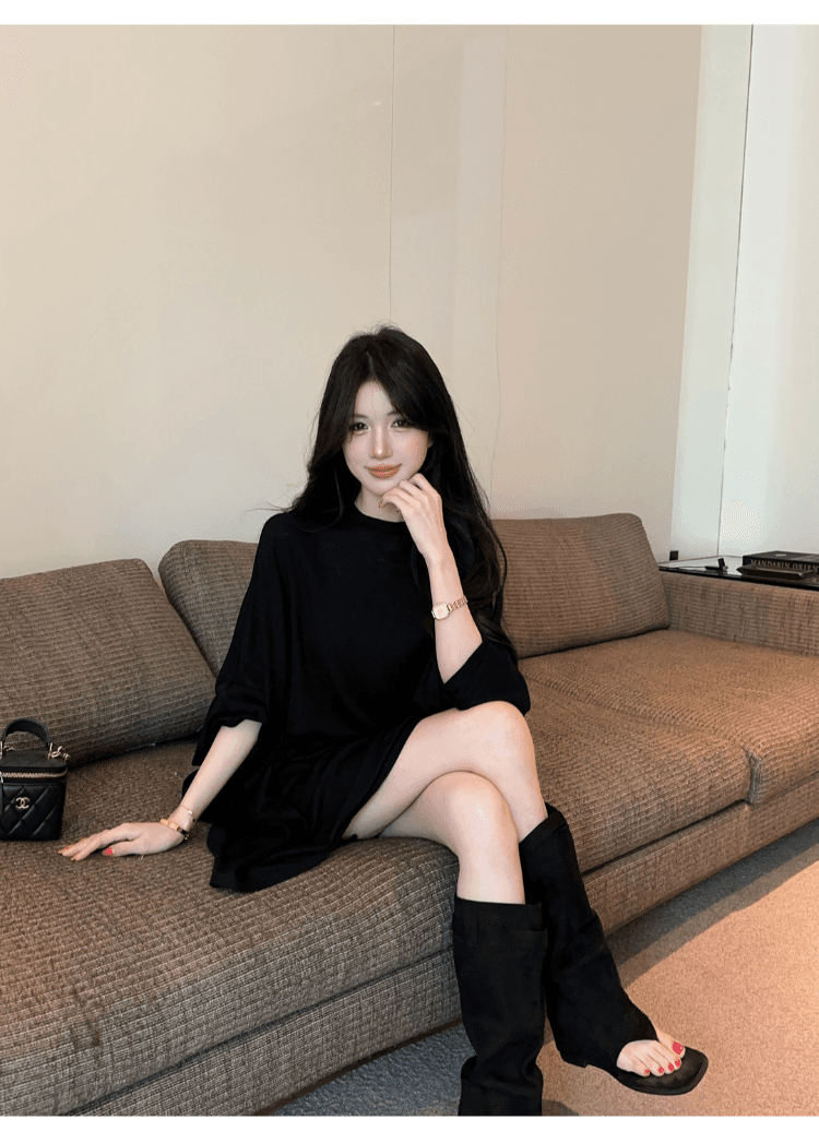 실사 정가 한국 스타일 느긋한 바람 라운드 넥 가을 어깨 소매 티셔츠 여성 루즈핏 슬림해 보이는 다용도 박쥐 종류 자외선 차단 맨위 상세 이미지 9
