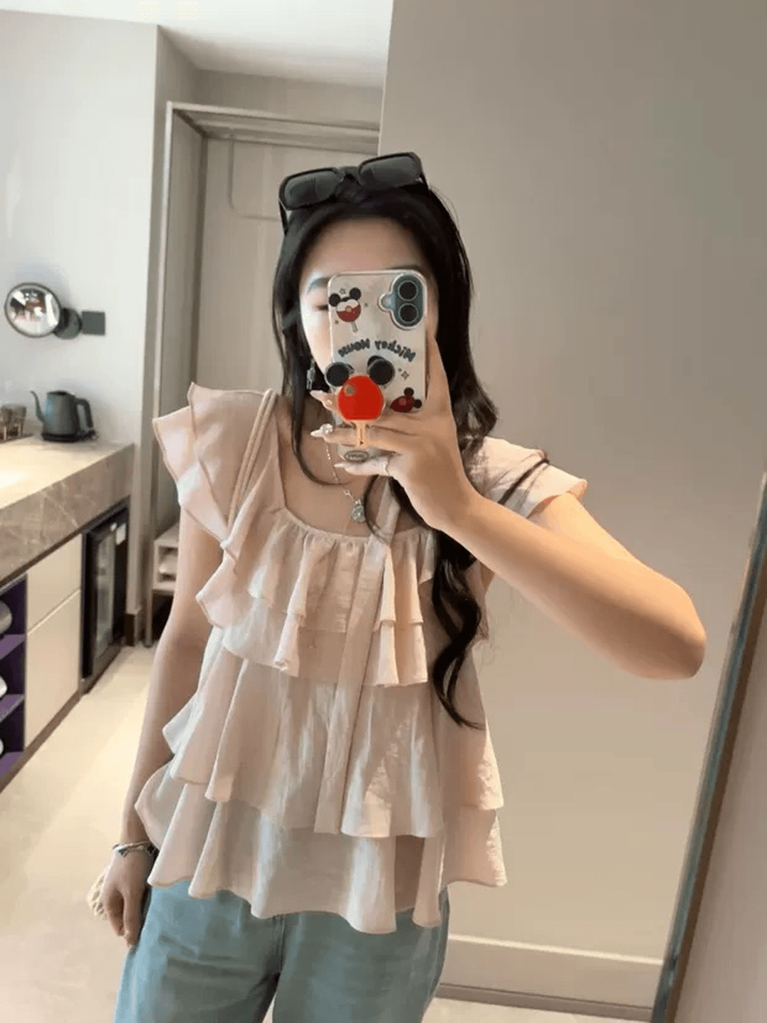 프랑스식 달콤한 미국 칼라 케이크 층 리본 작은 날다 소매 셔츠 여성 디자인 센스 루즈핏 슬림해 보이는 여행 휴가 맨위 이미지 4
