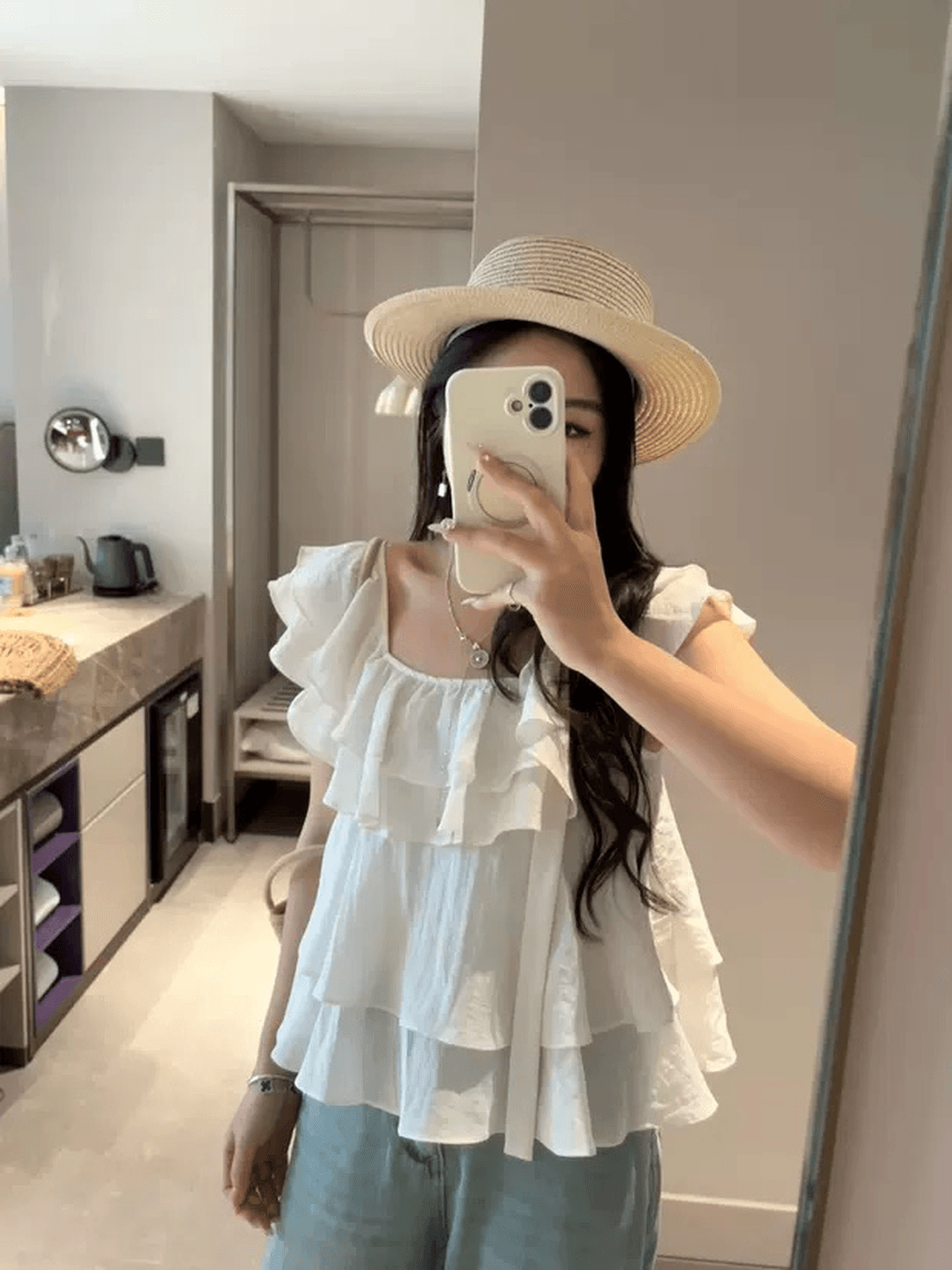 프랑스식 달콤한 미국 칼라 케이크 층 리본 작은 날다 소매 셔츠 여성 디자인 센스 루즈핏 슬림해 보이는 여행 휴가 맨위 이미지 3