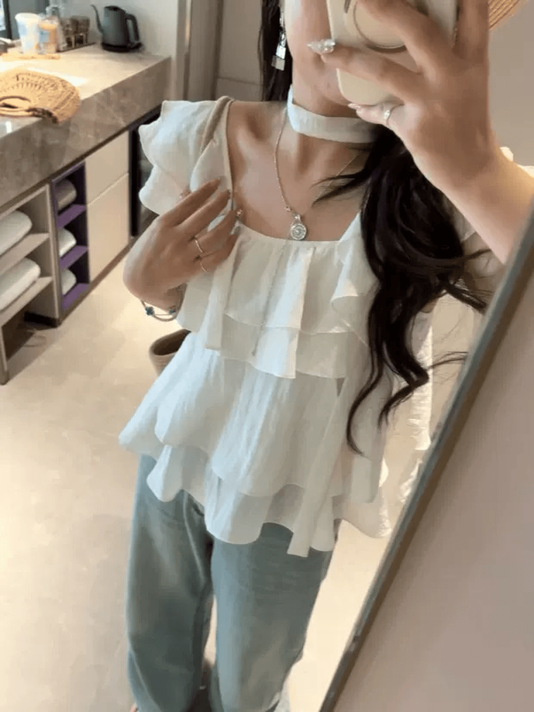 프랑스식 달콤한 미국 칼라 케이크 층 리본 작은 날다 소매 셔츠 여성 디자인 센스 루즈핏 슬림해 보이는 여행 휴가 맨위