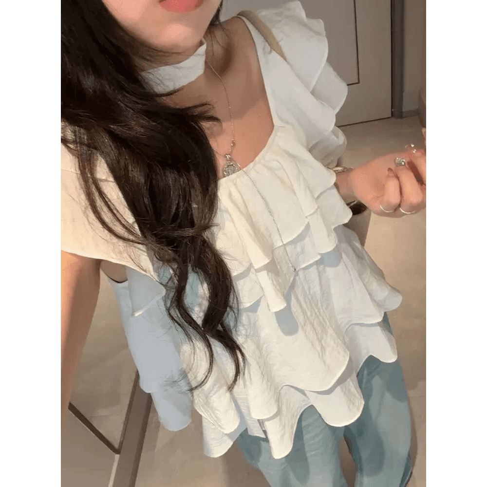 프랑스식 달콤한 미국 칼라 케이크 층 리본 작은 날다 소매 셔츠 여성 디자인 센스 루즈핏 슬림해 보이는 여행 휴가 맨위 이미지 5