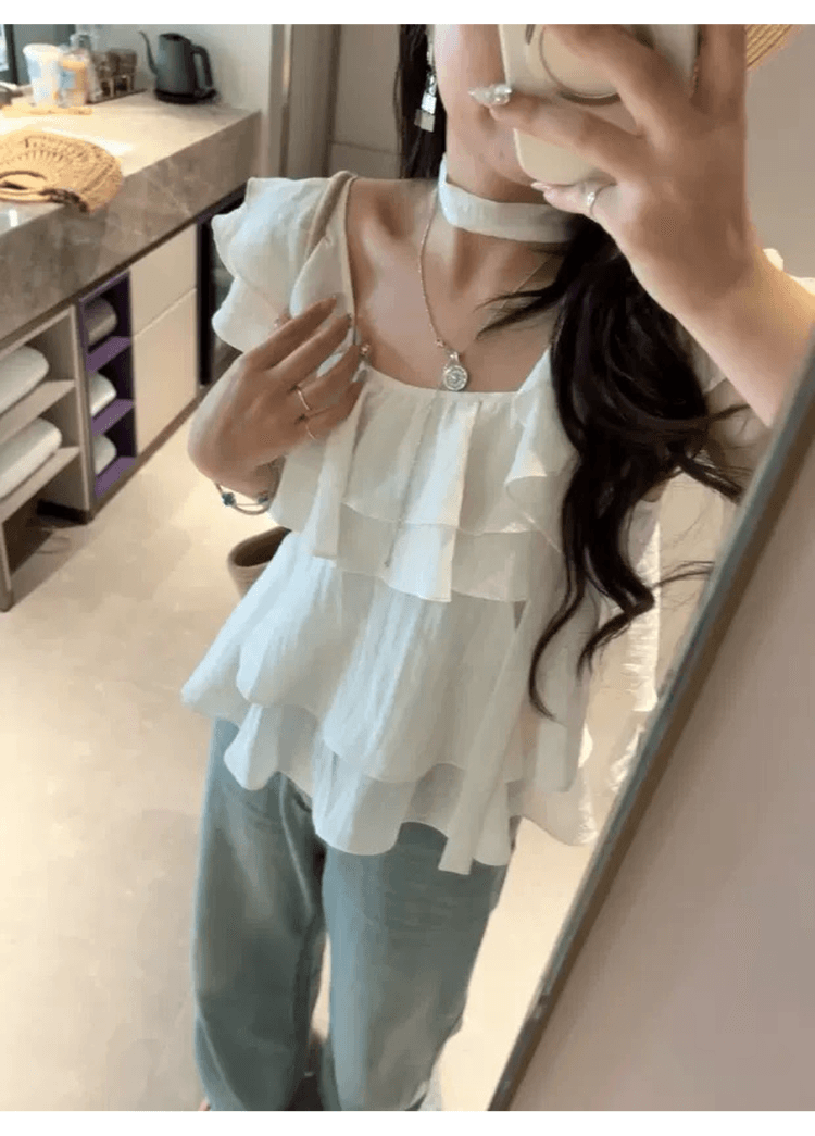 프랑스식 달콤한 미국 칼라 케이크 층 리본 작은 날다 소매 셔츠 여성 디자인 센스 루즈핏 슬림해 보이는 여행 휴가 맨위 상세 이미지 6