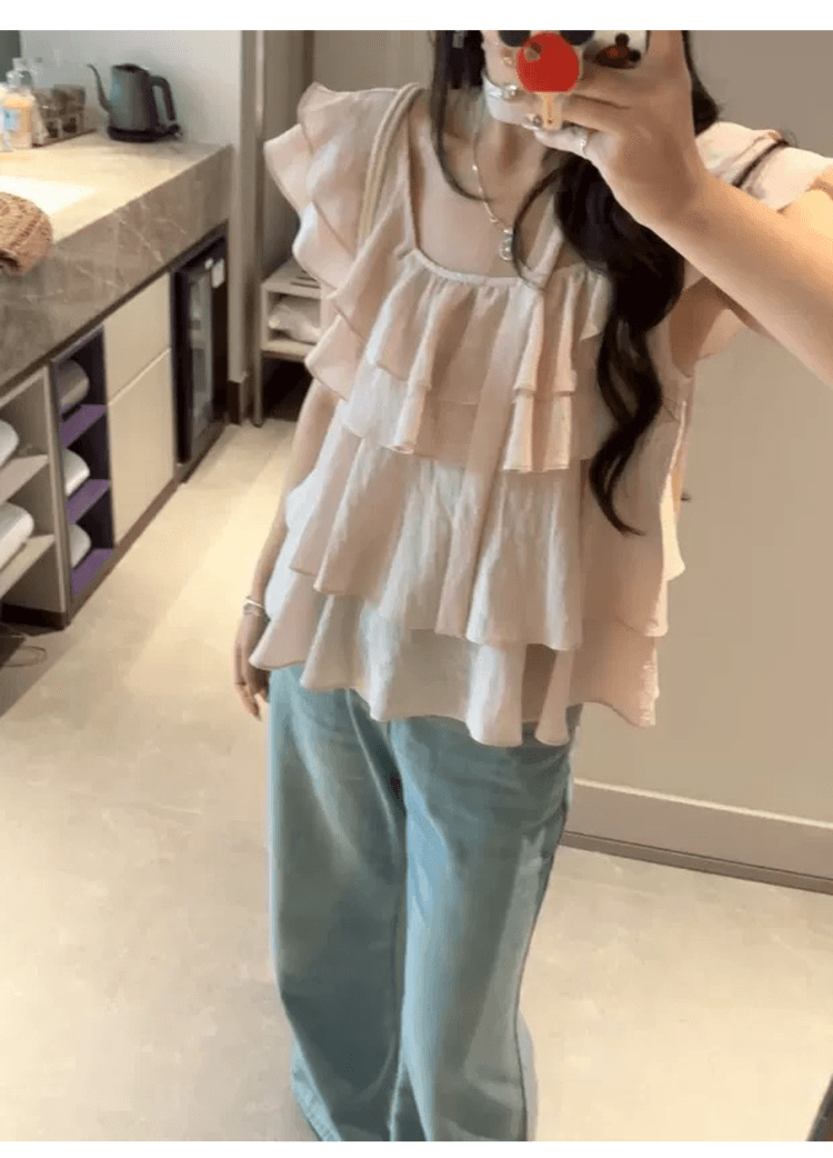 프랑스식 달콤한 미국 칼라 케이크 층 리본 작은 날다 소매 셔츠 여성 디자인 센스 루즈핏 슬림해 보이는 여행 휴가 맨위 상세 이미지 7
