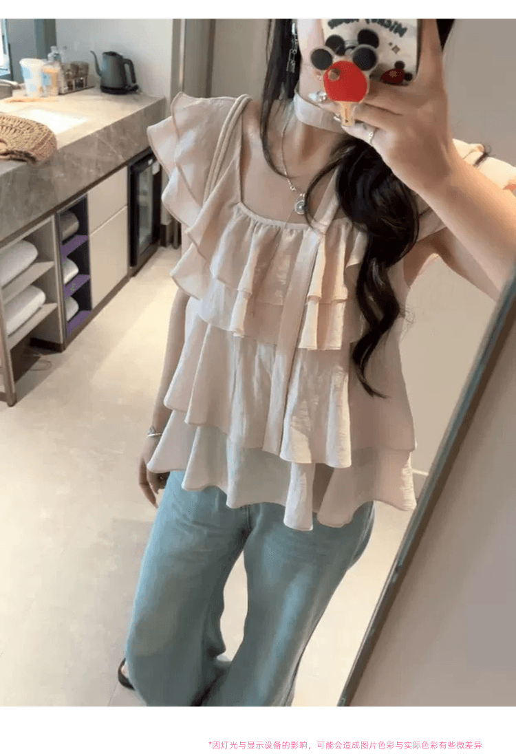 프랑스식 달콤한 미국 칼라 케이크 층 리본 작은 날다 소매 셔츠 여성 디자인 센스 루즈핏 슬림해 보이는 여행 휴가 맨위 상세 이미지 11