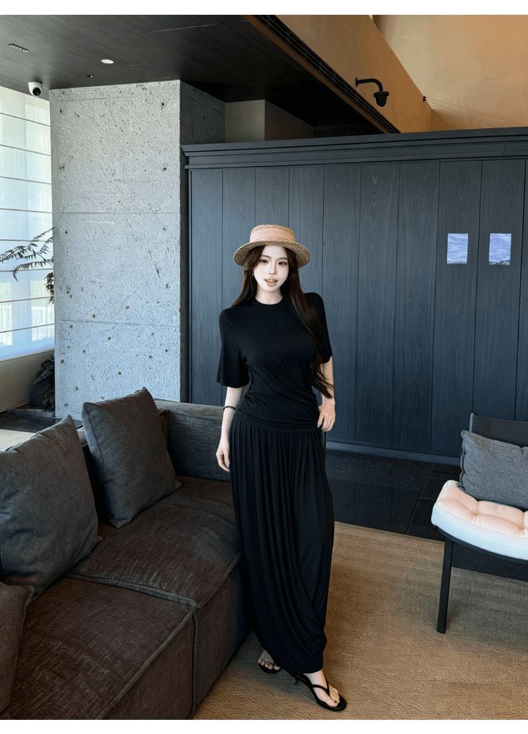 실사 정가 휴가 캐주얼 슬림해 보이는 긍정적 인 어깨 티셔츠 허리밴드 플리츠 반신 스커트 꽃밭 치마바지 두 조각 여성 세트 상세 이미지 25