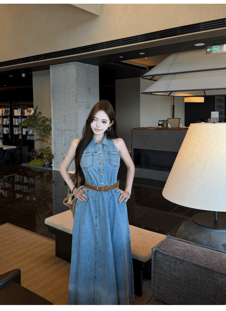 실사 정가 휴가 캐주얼 레트로 민소매 데님 여성 드레스 품격 허리 수축 슬림해 보이는 오프숄더 한 마디 롱 스커트 상세 이미지 12