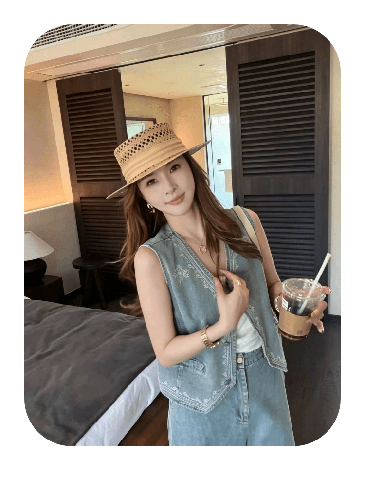 차가운 바람의 소리 바람 레트로 데님 세트 여성 한국 스타일 품격 무거운 작업 자수 V넥 베스트 하이웨이스트 와이드 레그 팬츠 투피스 세트 상세 이미지 1
