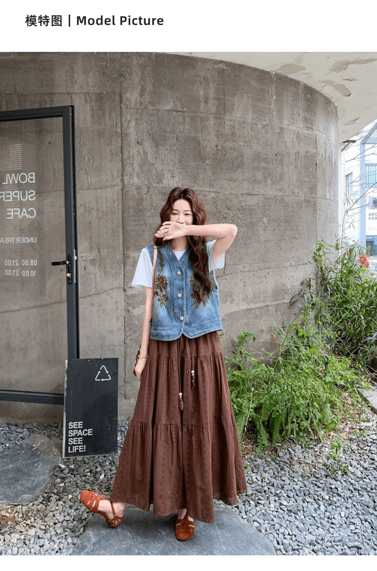 여행 휴가 레트로 스타일 절묘한 자수 데님 베스트 세트 여성 레저 슬림해 보이는 하이웨이스트 반신 스커트 투피스 세트 상세 이미지 4